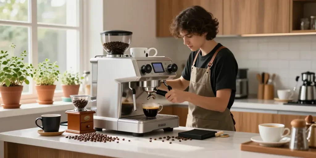 Expert barista using ROKOK88 espresso machine in modern kitchen