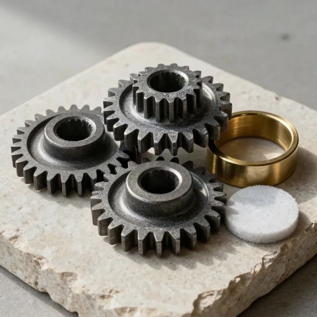Top-down still life of cast-iron gears, brass spacer, and felt pad on pale limestone.