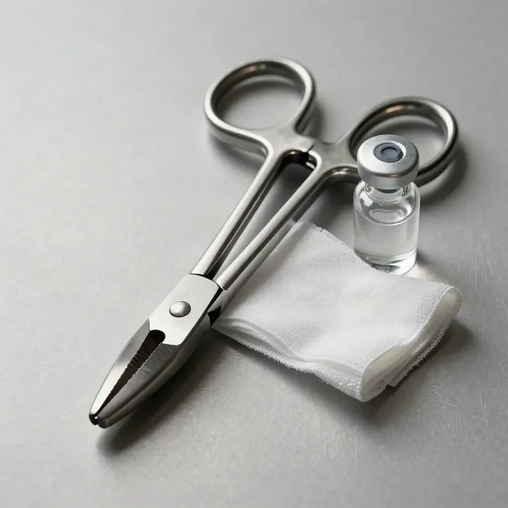 Top-down close-up of surgical clamp, vial cap, and gauze on brushed metal