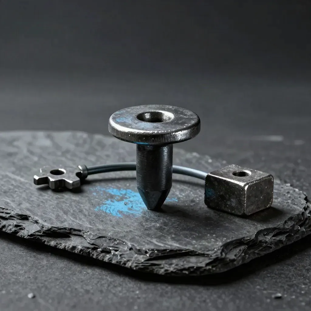 Rail spike, steel washer, cable, and spacer block on dark stone with dramatic light.