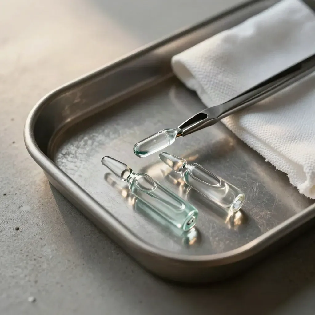 Macro lab still life with glass ampoules, forceps tip and cloth on concrete.