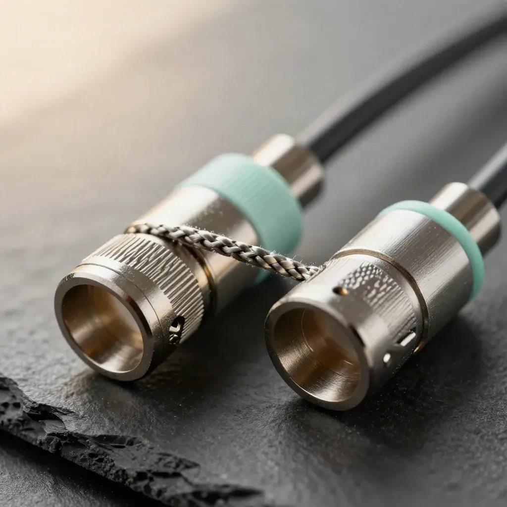 Macro of cable couplers, braided cord, and vent tile on graphite with mint accents.