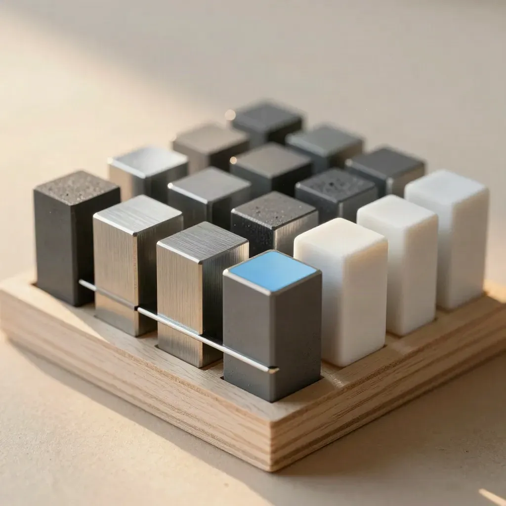 Graphite calibration blocks and steel spacers on pale wood, one spacer sliding into place.