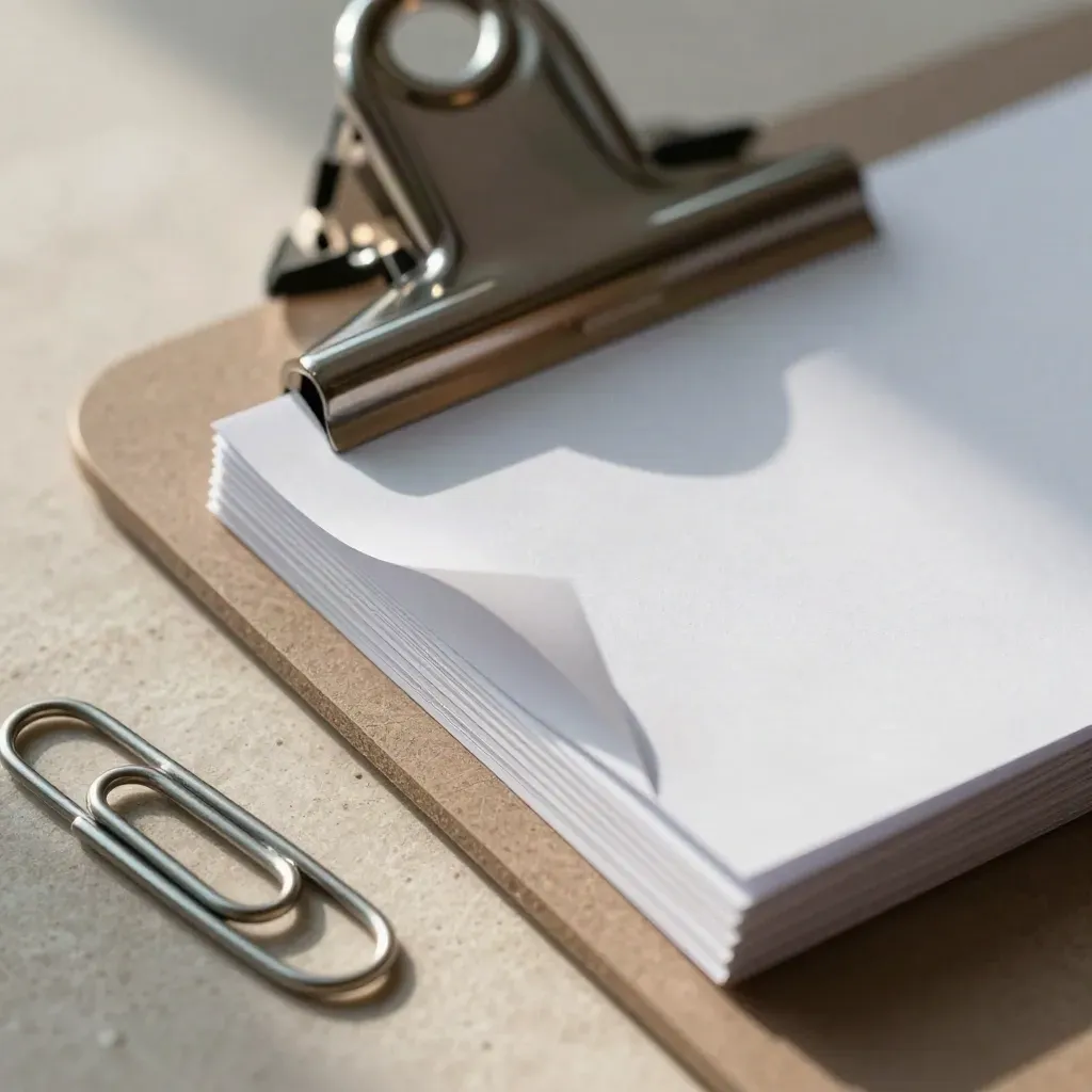Chrome clipboard clip gripping blank index cards and paper clips on pale stone, top card curling back.