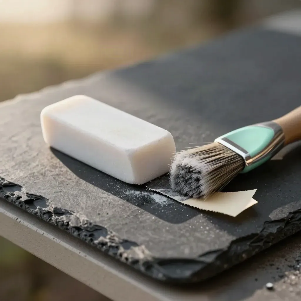 White eraser, brush, and paper scrap clearing graphite dust on charcoal slate.