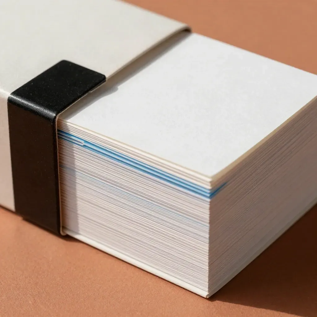 Top-down macro of blank index cards clipped in a pale box with a sky-blue tab.