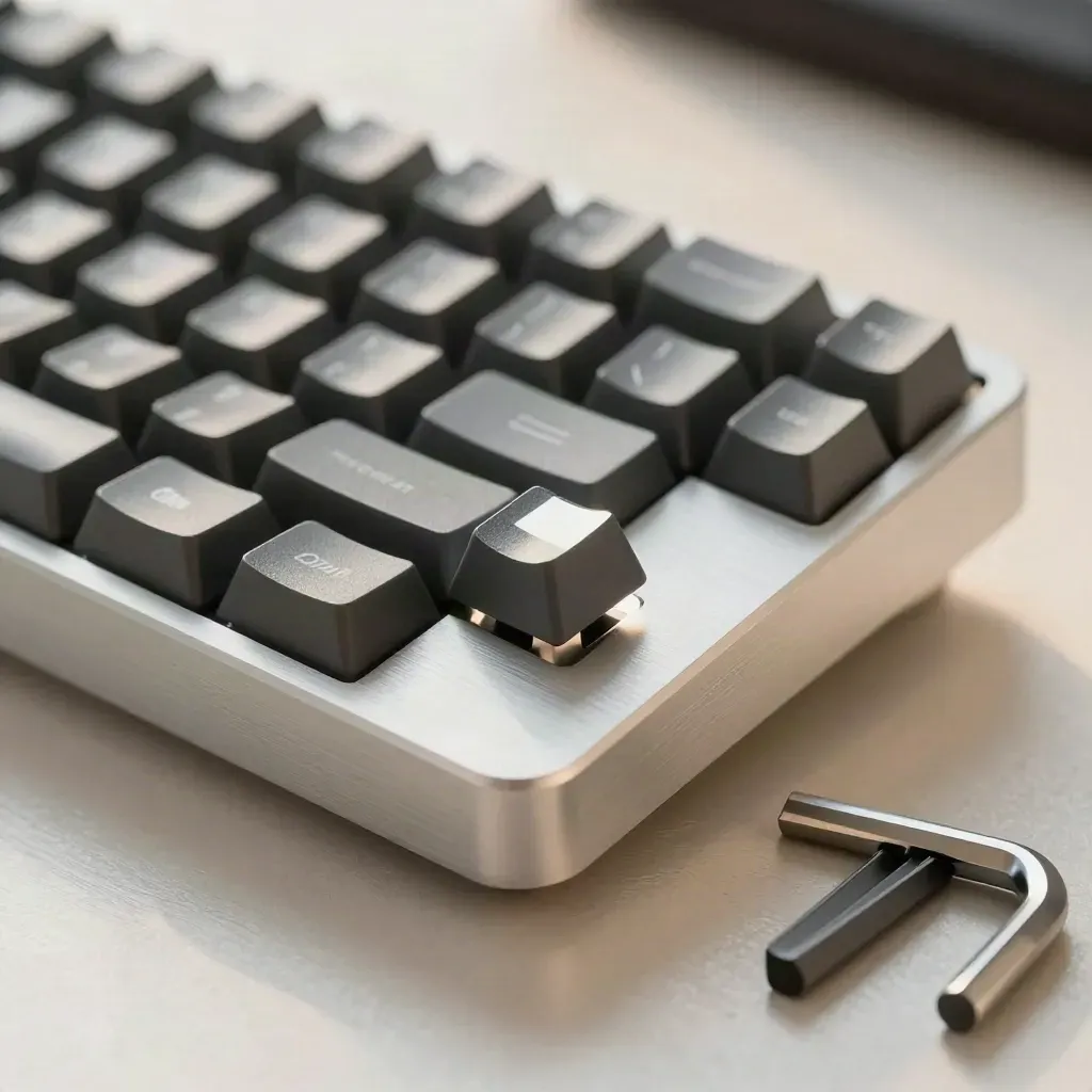 Graphite keycaps and a shortcut deck on brushed metal, with a hex wrench and one key mid-press.