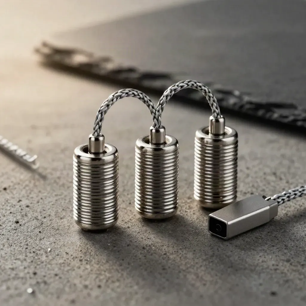Brushed-metal sync tokens, braided cable, and tiny dock puck on dark concrete
