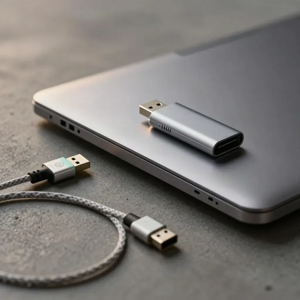 Browser extension hardware beside a closed laptop lid in a dramatic studio still life.