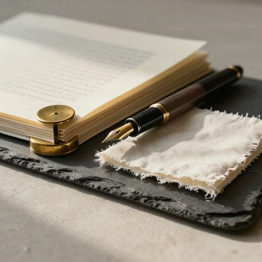 Fountain pen, manuscript pages, and brass page weight on a linen blotter, shot through paper.