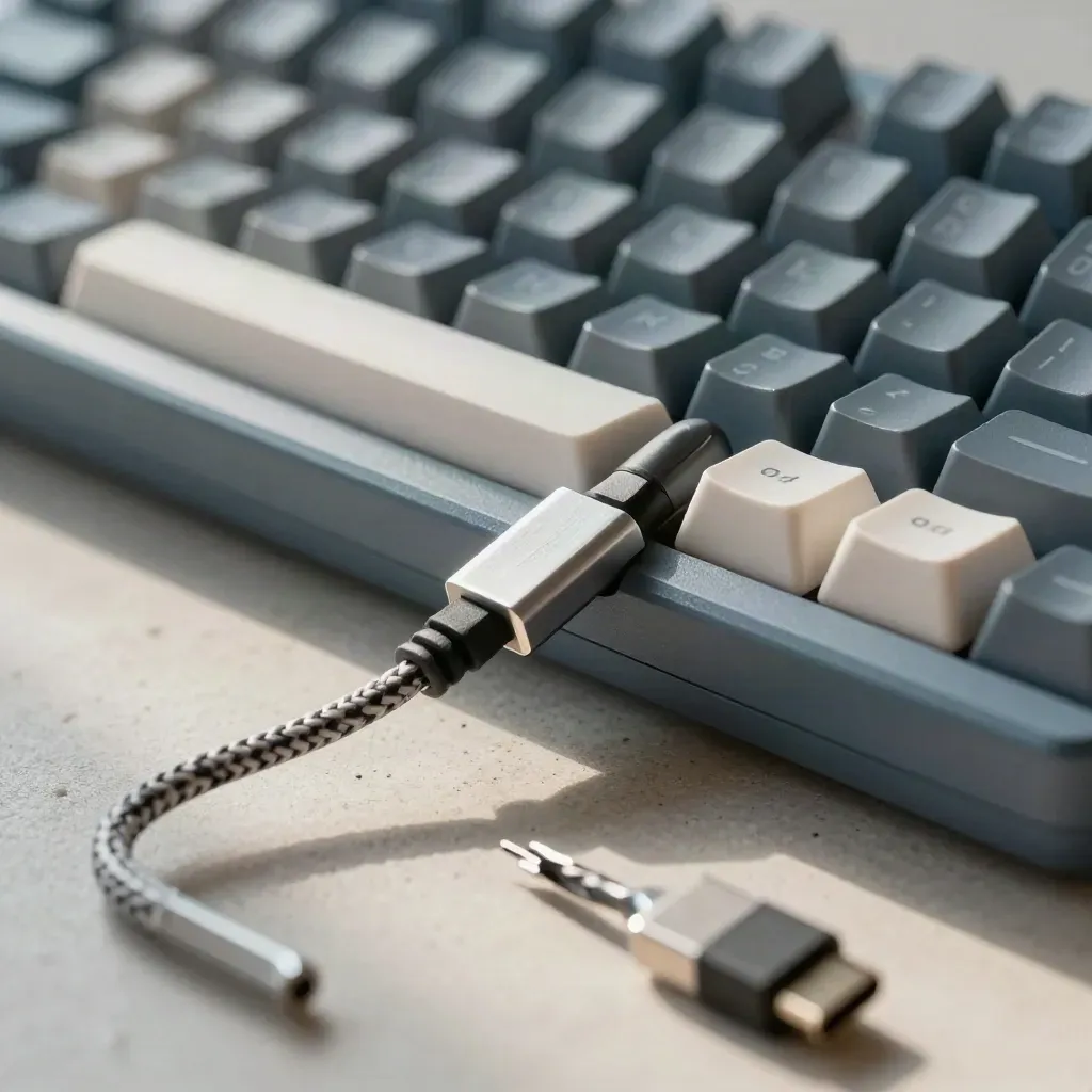 Macro still life of a keyboard, USB-C cable, hub, and hex screwdriver on pale stone, through a blurred coil.
