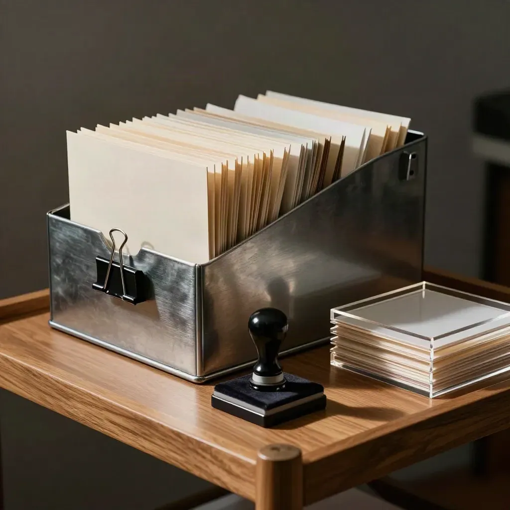 Office filing tools on a warm oak cart, seen through a blurred acrylic tray edge.