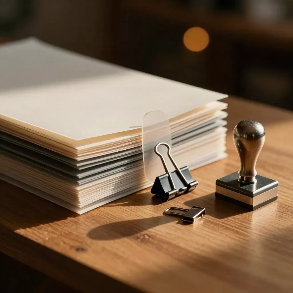 Binder clips, dividers, and a stamp block on brushed oak with warm bokeh light.