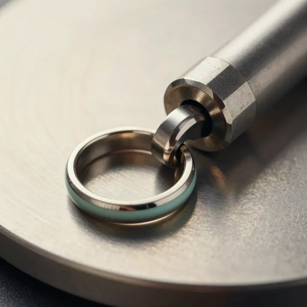 Linked stainless rings and a connector sleeve on brushed metal with a tiny mint accent.