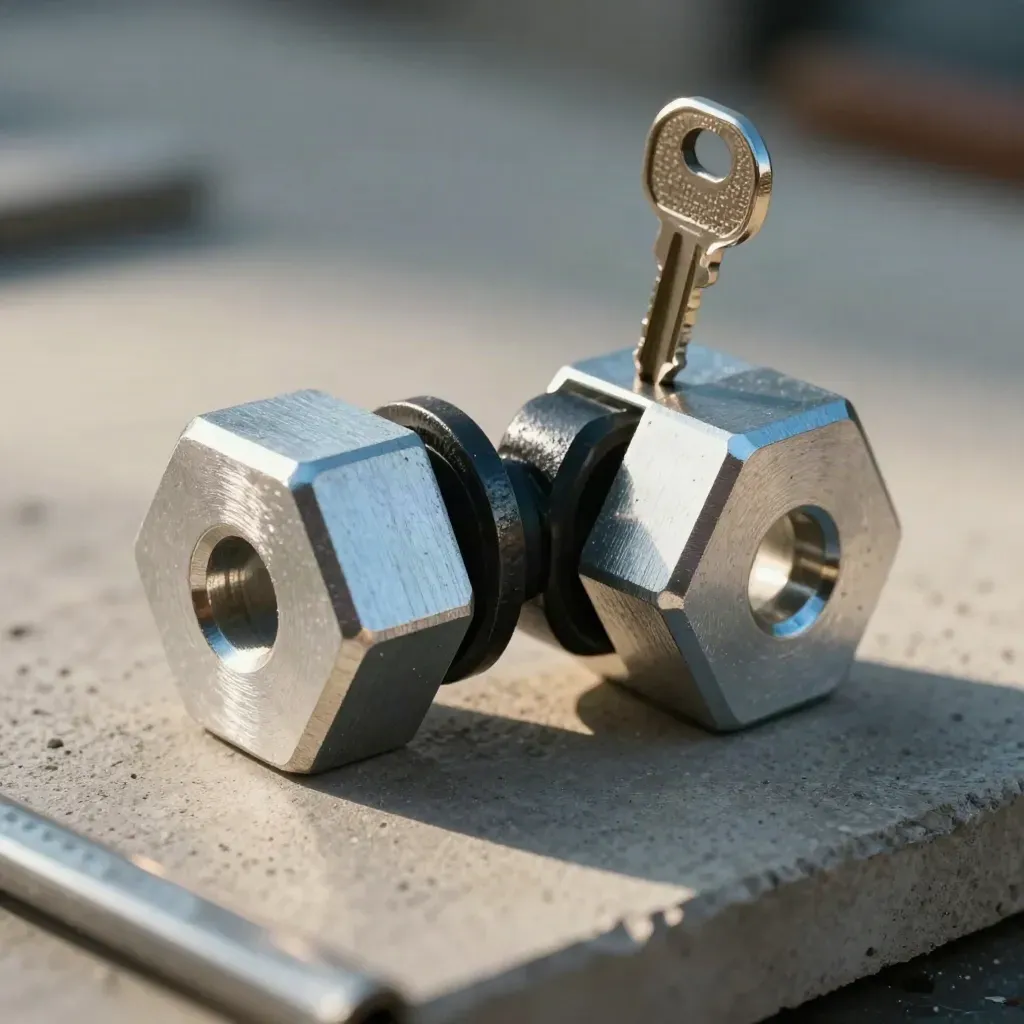 Two hexagonal aluminum blocks linked by a black steel coupler on pale concrete with cool haze.