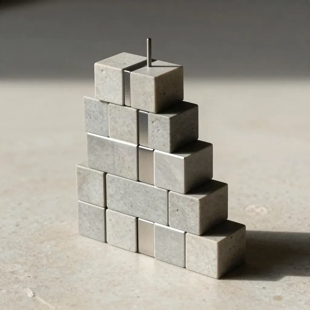 Graphite cubes, steel spacers, and an alignment pin on smooth stone in dramatic close-up.