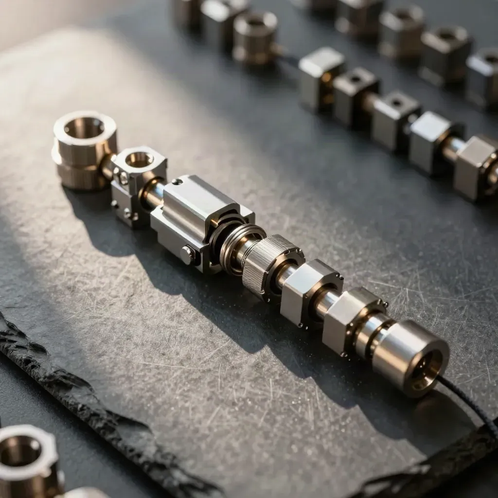 Top-down slate still life of precision connectors and a clasp locking into place.