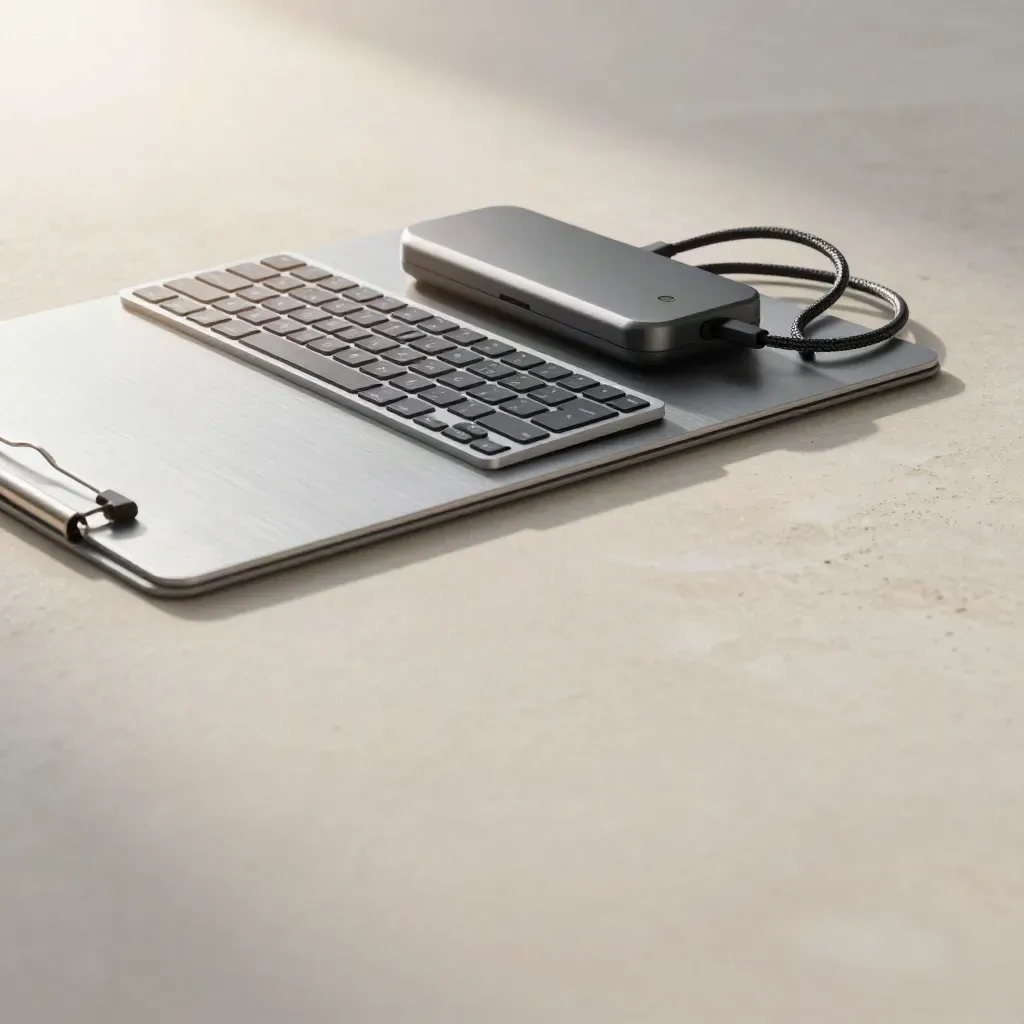 Brushed metal clipboard, keyboard, and sync dock on stone with open copy space.